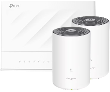 A TP-Link VX230v Dual-Band Wi-Fi 6 Modem Router and HX716 Pro WiFi Mesh Unit.
